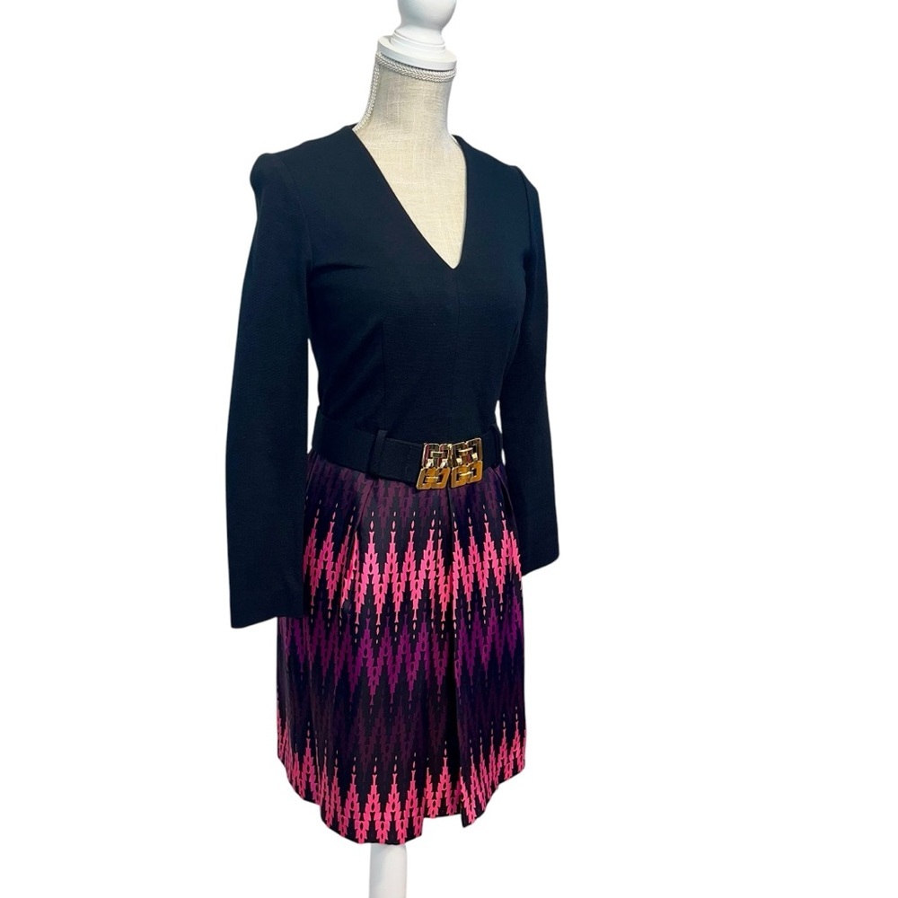 Milly Long Sleeve V Neck Belted Mini Dress Womens Sz 4 Black Pink Silk Blend - Picture 2 of 13